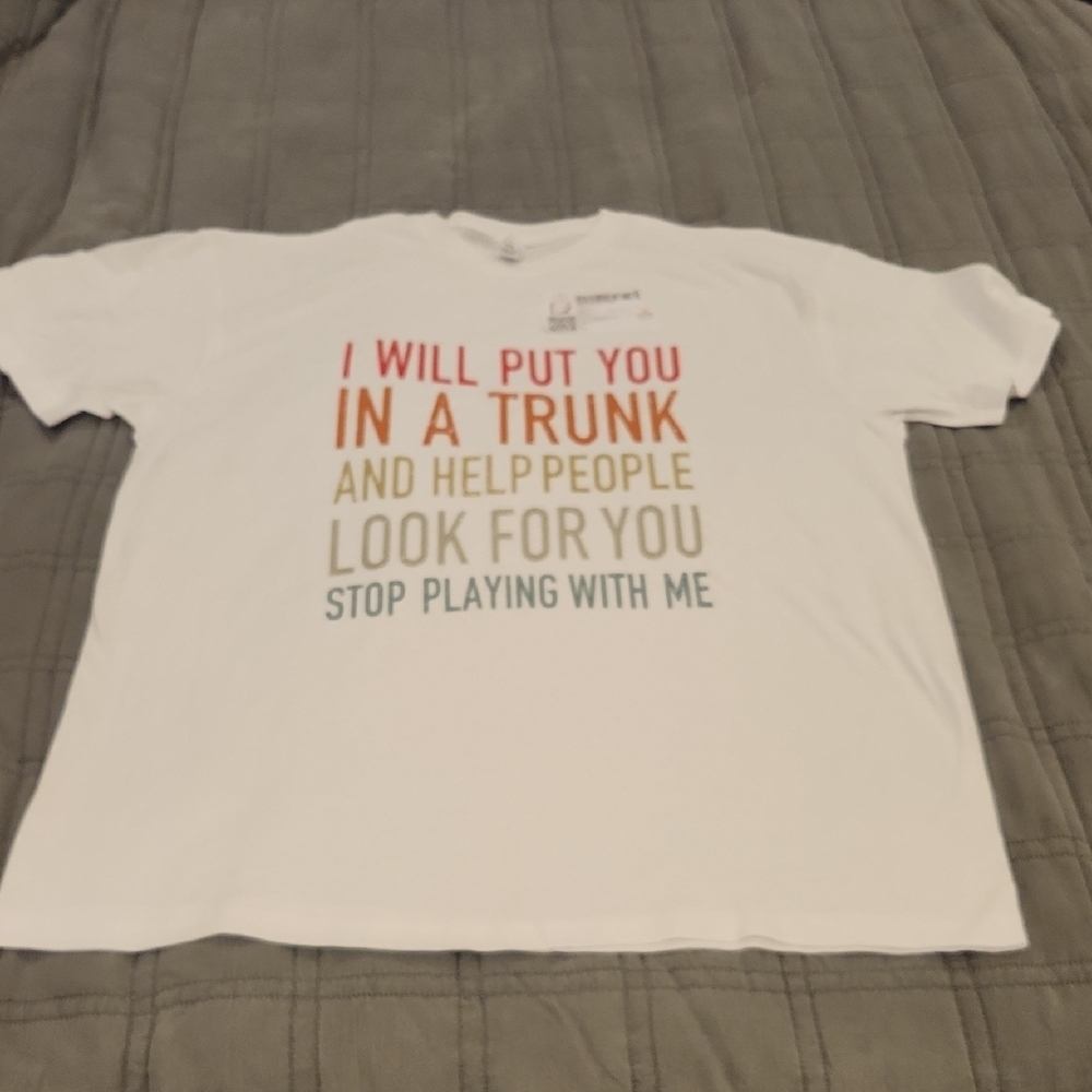 White Graphic Tee with Colorful Text Design Size XL!